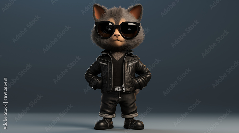 Cool cat standing wearing a leather jacket and black glasses. Generative AI. Cool cat standing wearing a leather jacket and black glasses. Generative AI.