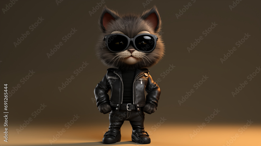 Cool cat standing wearing a leather jacket and black glasses. Generative AI.