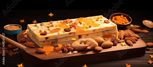 Traditional Peruvian dessert, Turron de Dona Pepa, served on Senor de los Milagros feast day, garnished with confetti, nuts, wooden board, fork, and dry orange slices. photo