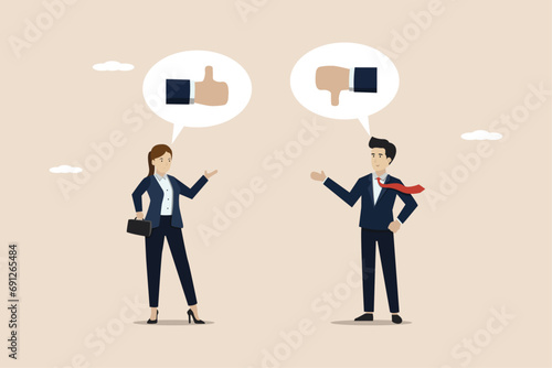 Customer feedback or business decision making, opinion or service quality concept, thoughtful businessman team discussion thumbs up and thumbs down feedback.