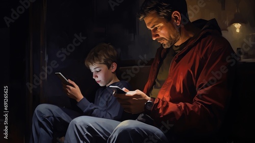 father engrossed in smartphone, bonding with son in background - family connection and technology moment, candid lifestyle shot - stock photo