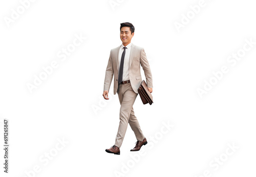 Male businessman, Asian, successful, smiling, walking, closeup. No shadows, highest details