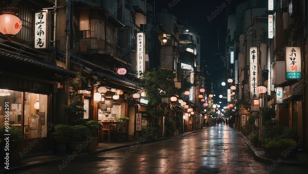Asian City Street at Night Illustration. Old Traditional Town, Classic, Retro Concept