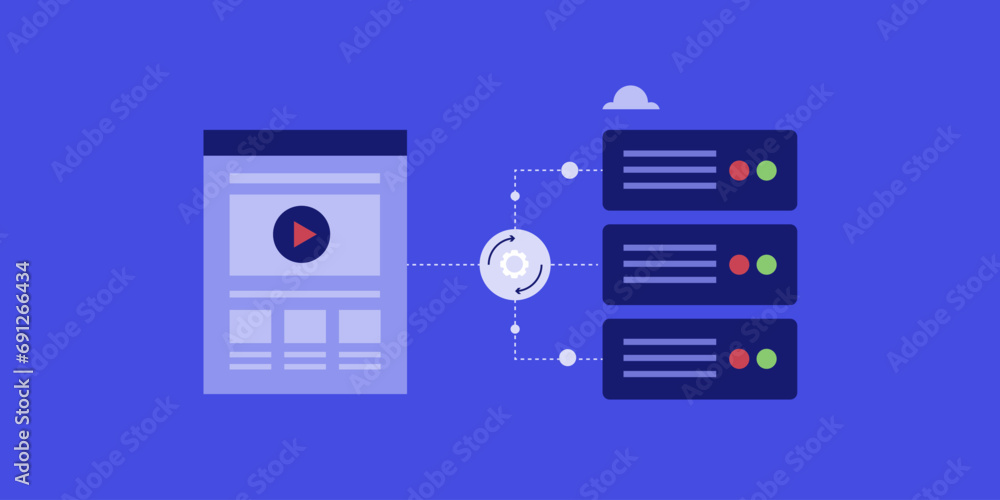 Web server hosting sending online data to virtual website, cloud computing, online storage digital network connection, vector illustration. Web server hosting sending online data to virtual website, cloud computing, online storage digital network connection, vector illustration.