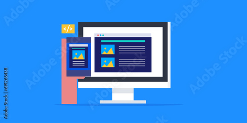 Responsive website design, adjustable screen size for computer and mobile device, vector illustration banner.