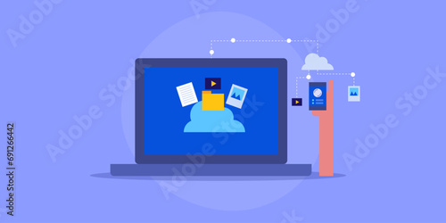 Document, file storage sync with cloud system, accessing information from mobile device, secure data transfer, network connection digital service, vector illustration.