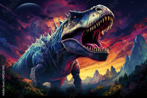 tyrannosaurus rex dinosaur with mountains and moon background © Elaine Guinther