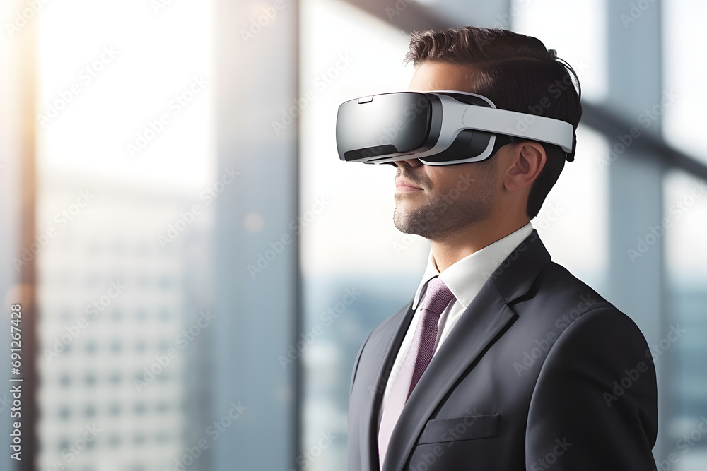 Fototapeta premium Business man wearing virtual reality glasses, illustration for vr and ar technology