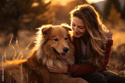 Woman With Golden Retriever Dog Outside in Autumn © Elaine Guinther