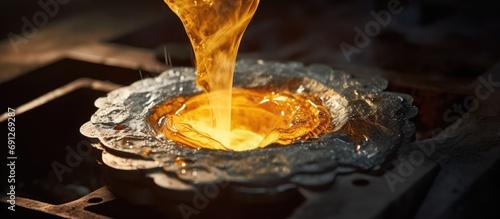 Casting liquid gold into graphite mold from furnace. photo