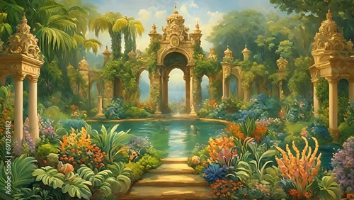 Stepping through towering gates Sunken Gardens Poseidon, transported magical world filled with lush greenery blooming flowers. center sits grand palace, adorned with 2d animation photo