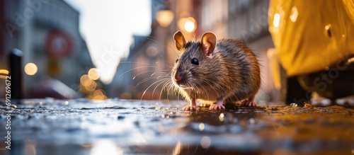 Wet street, Norway rat near the curb. photo