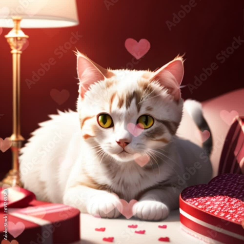 cat with heart. kitten with hearts. playing cards hearts. Red heart. White cat. Red room