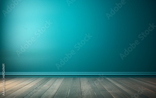 Empty room blue turquoise wall and wooden floor, Use for product presentation. 