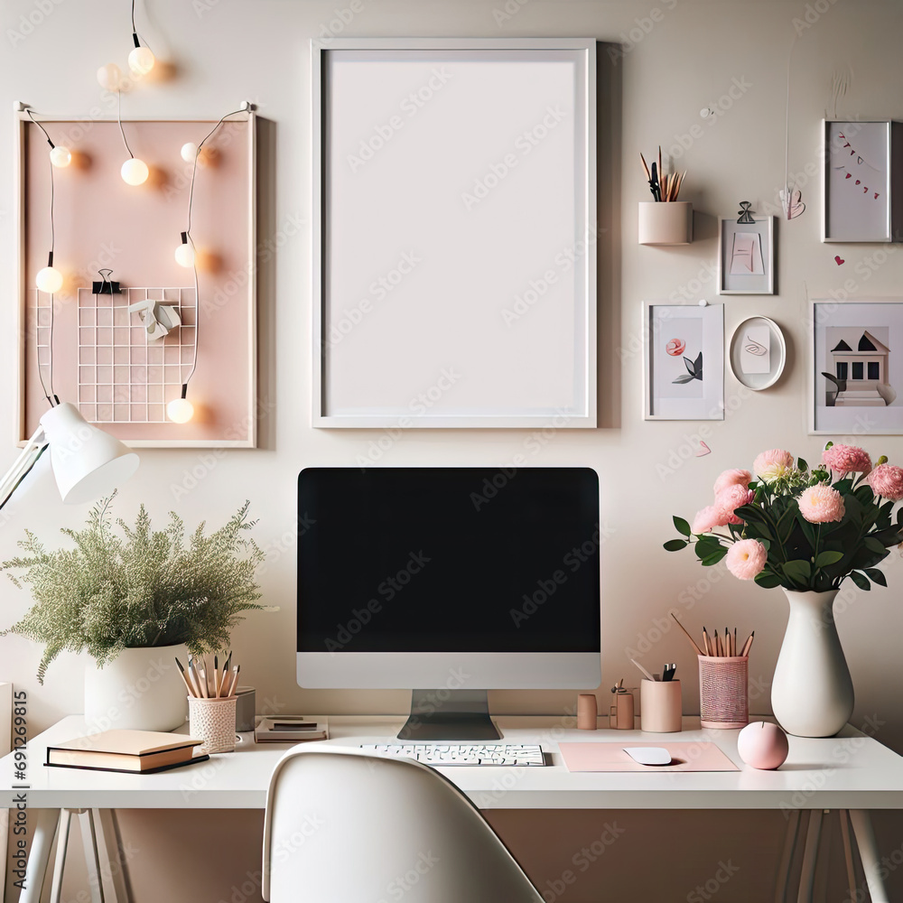 Obraz premium An empty poster in a pink blogger room with a monitor