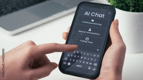 Programmer using AI chat bot as help in coding. Artificial intelligence writes PHP code and helps human at his work. Fictional Interface.