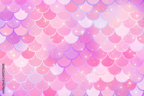 Mermaid pink background with scale and stars. Iridescent glitter fish tail pattern. Kawaii vector texture.