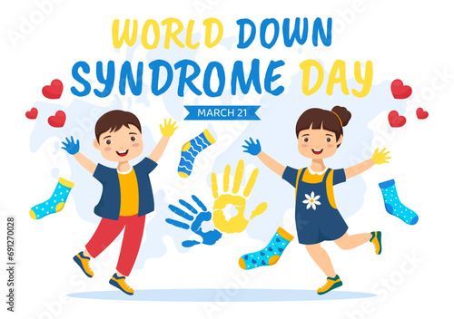 World Down Syndrome Day Vector Illustration on March 21 with Blue and Yellow Ribbon  Earth Map  Unpaired Socks and Kids in Flat Cartoon Background