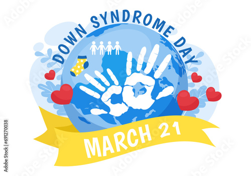World Down Syndrome Day Vector Illustration on March 21 with Blue and Yellow Ribbon, Earth Map, Unpaired Socks and Kids in Flat Cartoon Background