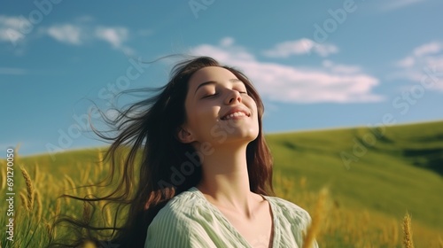 Calm Happy Smiling Woman with Closed Eyes on the Fields. Free, Peace, Beautiful Moment Concept  © Humam