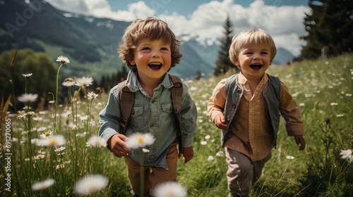 two little boys romping wildly in a spring meadow high in the mountains of Austria. laughing, frolicking and enjoying. sunny spring day. natural, diffuse sunlight. generative AI