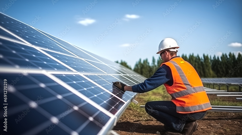 Picture of contrition guy installing solar panels in a solar farm, energy saving concept, climate change concept. Picture of contrition guy installing solar panels in a solar farm, energy saving concept, climate change concept.