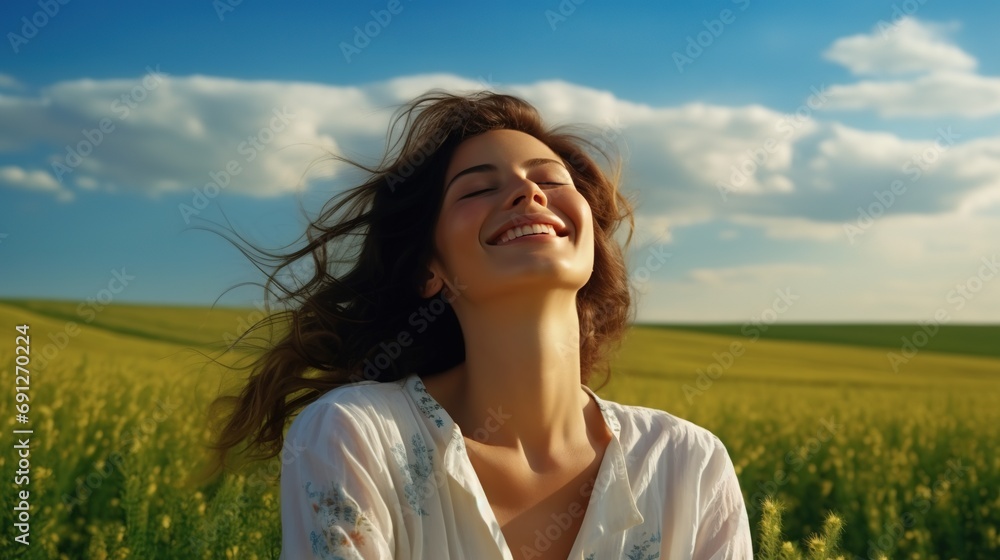 Calm Happy Smiling Woman with Closed Eyes on the Fields. Free, Peace, Beautiful Moment Concept
Calm Happy Smiling Woman with Closed Eyes on the Fields. Free, Peace, Beautiful Moment Concept