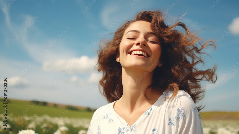 Fototapeta premium Calm Happy Smiling Woman with Closed Eyes on the Fields. Free, Peace, Beautiful Moment Concept 