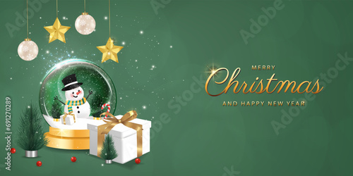 Happy New Year background. transparent christmas balls with star and box of gifts strewn with snow on green background, realistic 3d decorative garland glow. Xmas Decorations. Vector illustration.