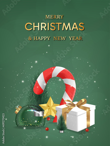Happy New Year background. candy with star and box of gifts strewn with transparent christmas balls on green background, realistic 3d decorative garland glow. Xmas Decorations. Vector illustration