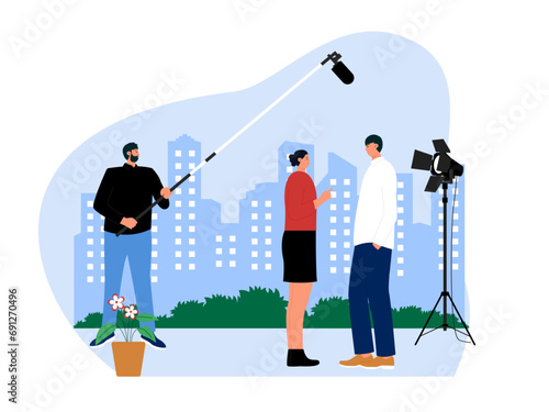 Couple is doing a movie scene. Film industry illustration.