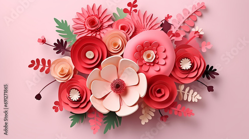 pink and red paper craft flower bouquet on pink background. 3d illustration. photo