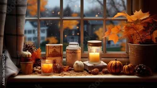 Cozy autumn setup with candles and pumpkins by window. Seasonal home decor.