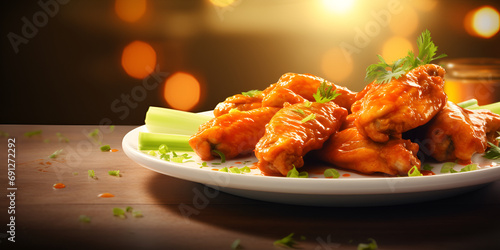 Spicy Temptations Exploring the Culinary Elegance of a Black Plate Laden with Crispy Buffalo Wings, Succulent Spicy BBQ Chicken, and the Smoky Richness of Patuxent Farms generative AI photo