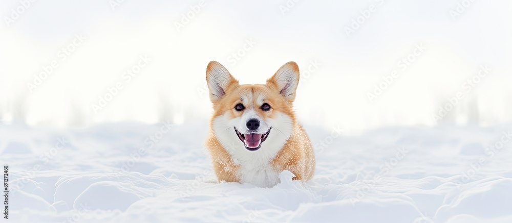 Corgi dog in snow walking, doing new command outdoors.