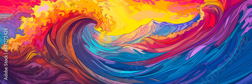 Sunset ocean wave blue  aqua  pink painting. Pop art yellow sky  water waves banner graphic resource as background for seascape ocean waves. Tropical beach vacation travel art by Vita for copy space