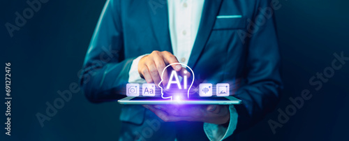 Obraz na płótnie Artificial intelligence helps create results through text chat, typing, and even voice commands, reimagining the work for social media marketing, social media. Futuristic ideas analyze data fast. w salonie