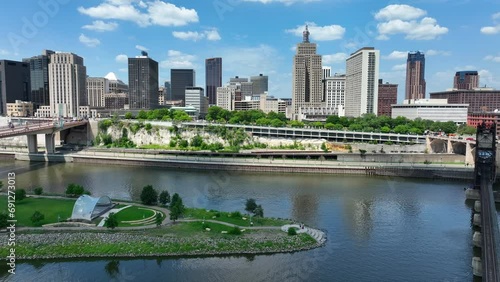 Aerial shot of Mississippi Riverfront in Saint Paul. Summer day over skyline in St. Paul, Minnesota. photo