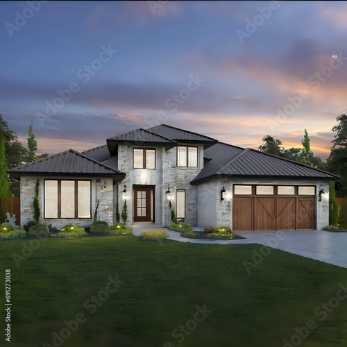 modern house in the evening, landscape, ai generated 