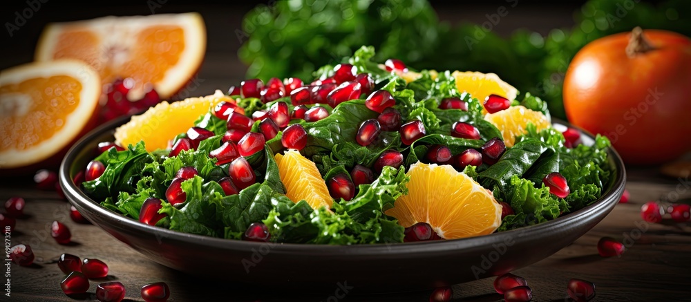 Winter salad with raw kale, oranges, and pomegranate seeds.