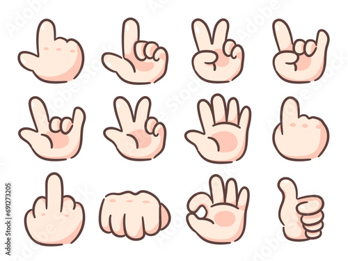 Set hand sign icon cartoon vector illustration. Tap, click, victory, v, rock, metal, ok, fist, punch, middle finger and thumb up. Chibi Hand sign concept design. Hand drawn flat style isolated