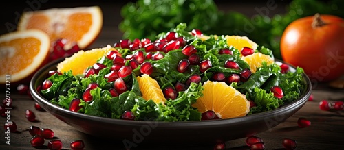 Winter salad with raw kale  oranges  and pomegranate seeds.