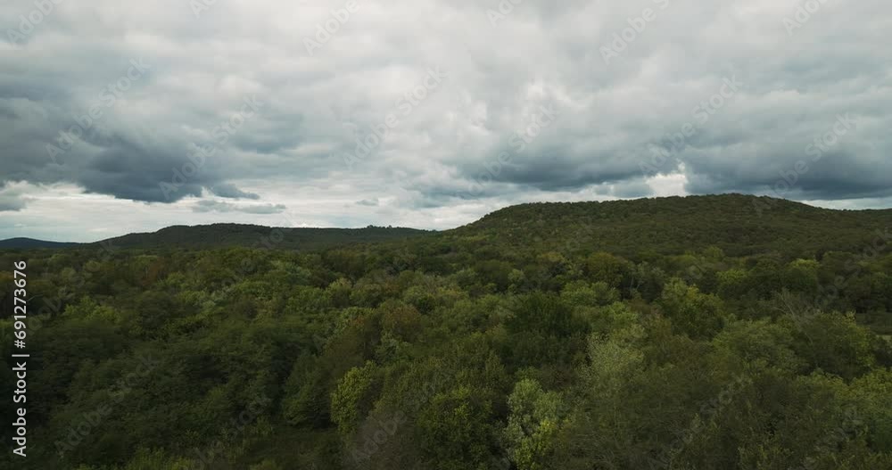 Aerial shot of dramatic overcast. Ominous rain coming over the thick woodland. Aerial shot of dramatic overcast. Ominous rain coming over the thick woodland.