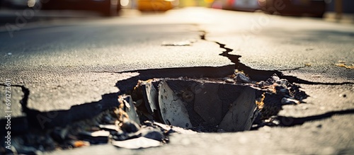 Damaged road or potholes in a picture. photo