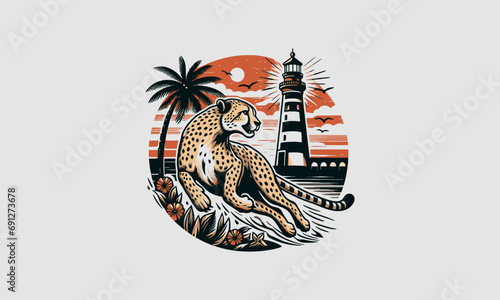 cheetah and lighthouse vector illustration flat design