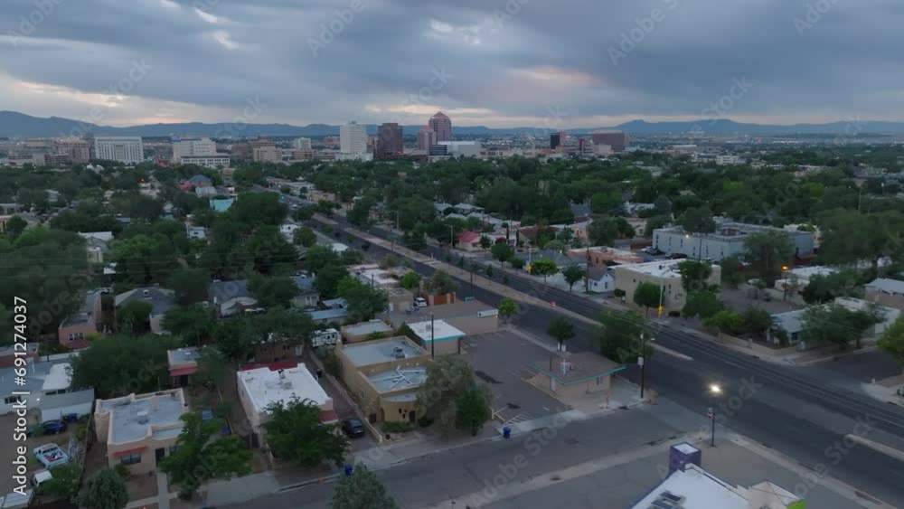 Albuquerque neighborhood at sunrise with a view of the city skyline in New Mexico. Aerial. Albuquerque neighborhood at sunrise with a view of the city skyline in New Mexico. Aerial.
