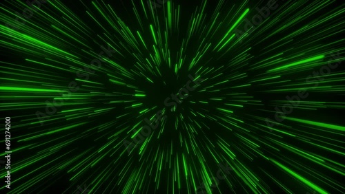 Seamless loop particle light zooming lines tunnel in space air on black background neon glow beam laser abstract 3D animation motion graphics visual effect colourful 4K green photo