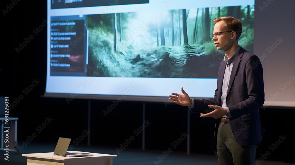 Obraz premium A male speaker is describing the global environmental situation. Campaign for environmental protection.