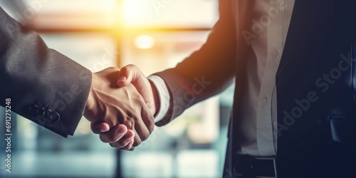 Businessman handshake for teamwork of business merger and acquisition,successful negotiate,hand shake,two businessman shake hand with partner to celebration partnership and business deal,Generative AI photo