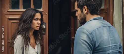 Angry neighbors and upset woman at door photo